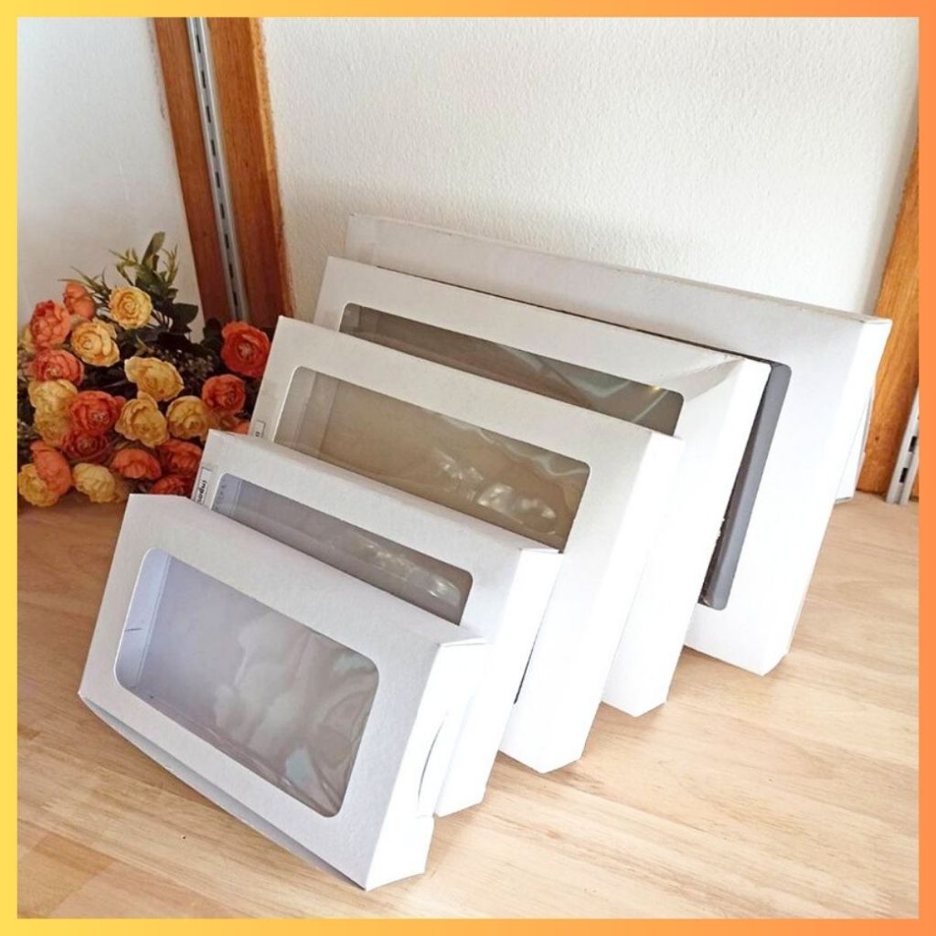 กล่องเหลี่ยม สีขาว กล่องบราวนี่ กล่องของที่ระลึก เจาะหน้าต่างใส ถูกชัวร์ - Jingjopackaging