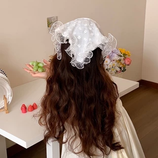 ที่คาดผม ผ้าโพกหัวสามเหลี่ยมระบาย ปักดอกไม้น่ารัก พร้อมส่ง