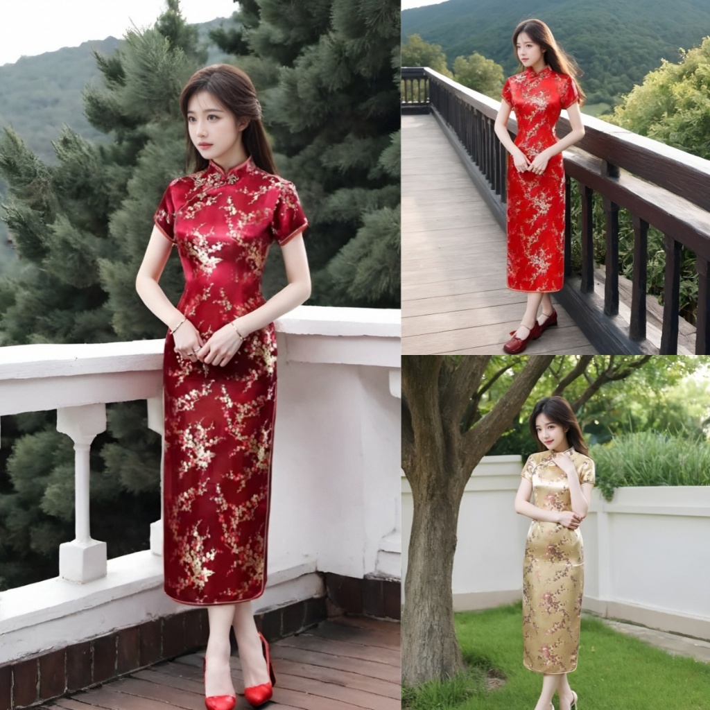 ชุดเดรสกี่เพ้าลายดอกเหมยสีสวยสุดน่ารัก พร้อมผ่าข้างเพิ่มความเซ็กซี่และสดใส