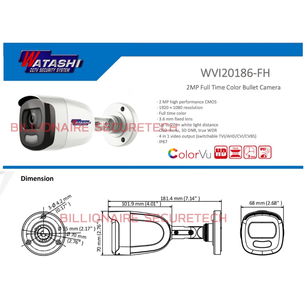 WATASHI WVI20186-FH (3.6mm.) กล้องวงจรปิดระบบ HD 2 ล้านพิกเซล COLORVU ( OEM HIKVISION  สเปคเดียวกับ DS-2CE10DFT-F )