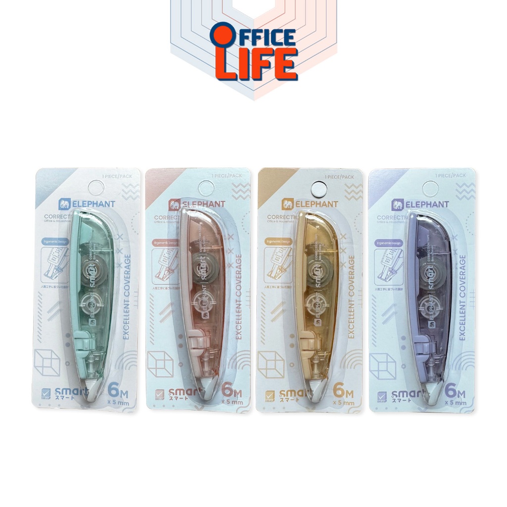 Elephant (ตราช้าง) เทปลบคำผิด รุ่น Smart (สมาร์ท) ยาว 6 เมตร (1 ชิ้น / คละสี )