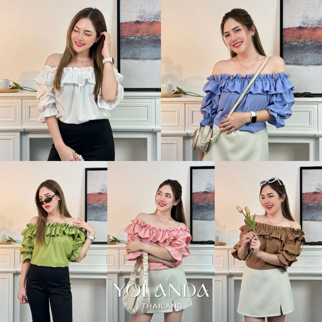 Yolanda เสื้อเปิดไหล่ แต่งระบายแขนชั้นๆ เสื้อโชว์ไหล่ แต่งจั๊มไหล่ ปลายแขน เสื้อผ้าผู้หญิง เสื้อแฟชั่นผู้หญิง FF1016