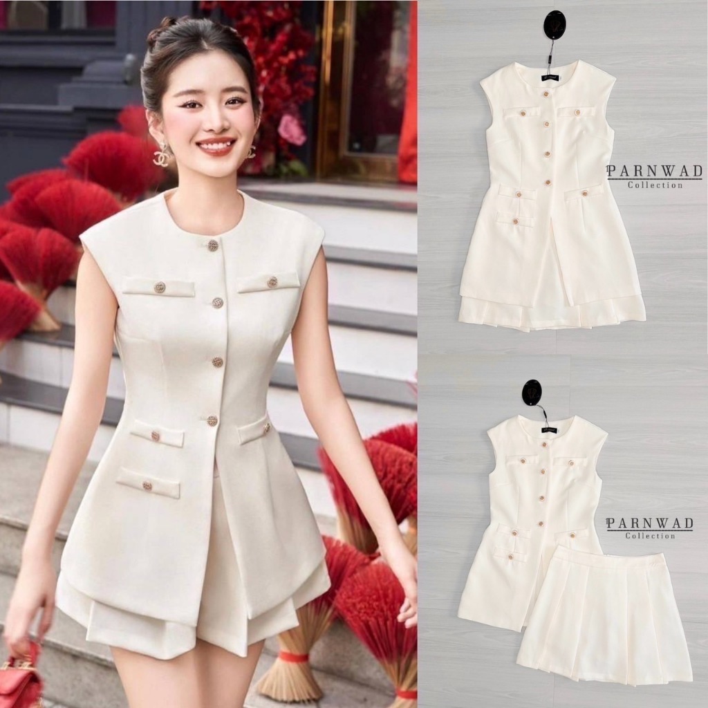 Size L PW03 Parnwad Set เสื้อคอกลมแต่งกระดุมทองผ่าหน้า ทรงเสื้อตัวยาว พร้อมกับกระโปรงจับจีบรอบ
