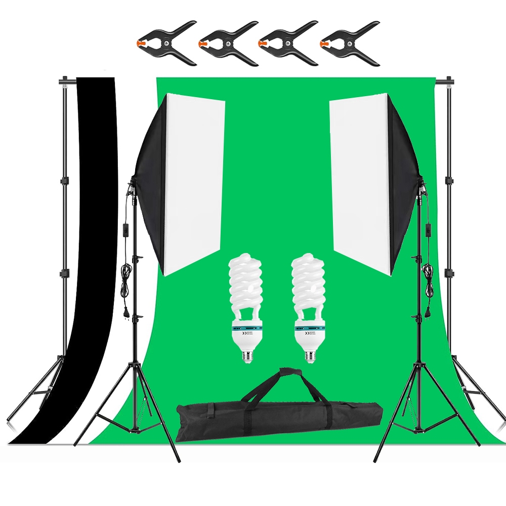 135W ไฟถ่ายรูป Softbox ไฟไลฟ์สด ไฟสตูดิโอ & ฉากถ่ายรูป 2x2m ผ้าฉากหลัง 2x3m Green Screen Photo Studio Lighting Kits