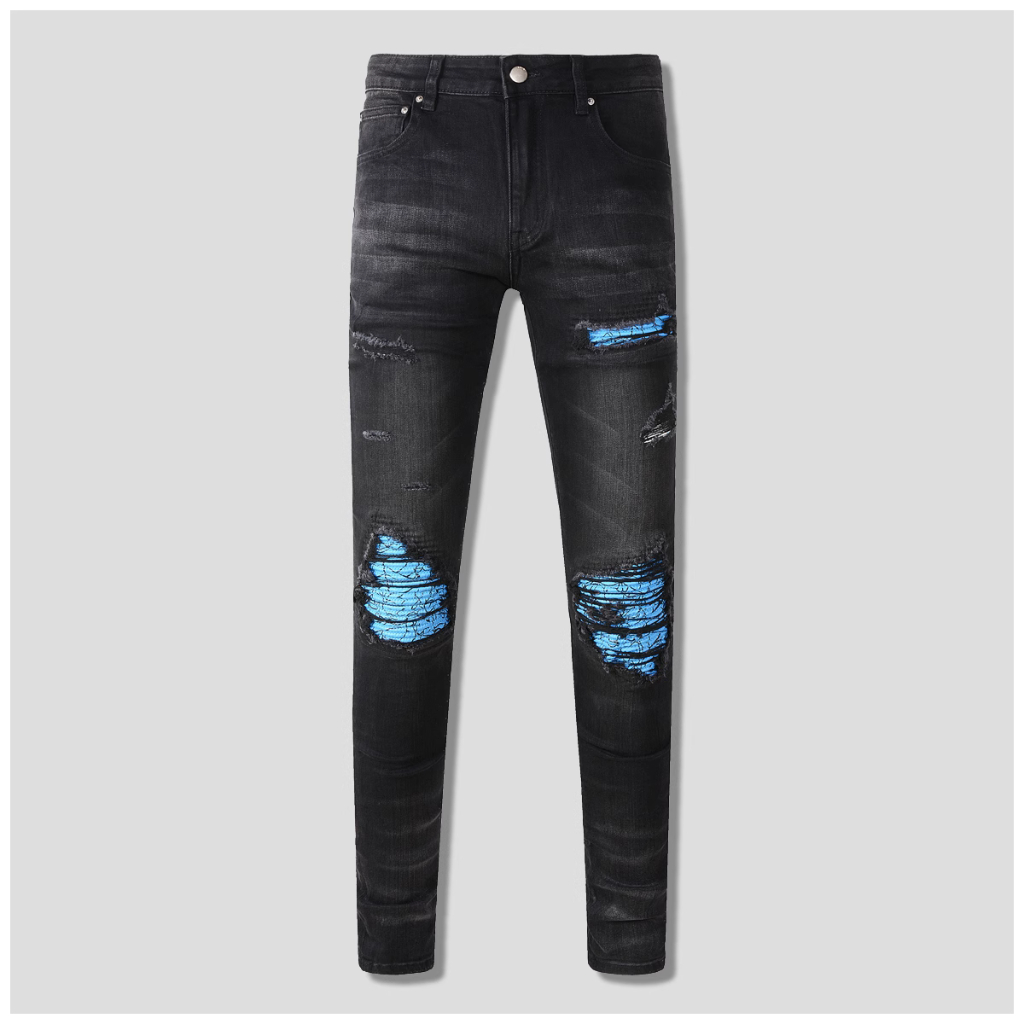 AMIRI ripped blue printed patchwork patch patch stretch slim black jeans