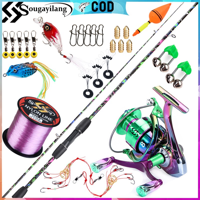 SUGAYRANG COLOR 1.8M คันเบ็ดตกปลาคาร์บอน & คันเบ็ดสองจับ & 500M สายตกปลาและเหยื่อตกปลาครบชุด