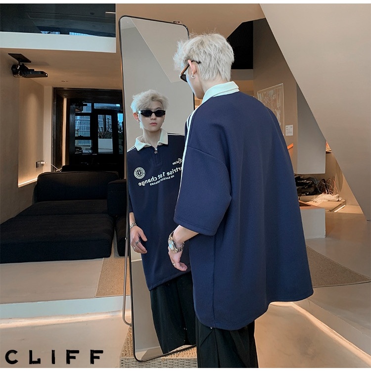 CLIFF เสื้อโปโลผู้ชาย ซิปคอเสื้อ แขนเสื้อ ชุดคู่รัก แขนสั้นสำหรับผู้หญิง เสื้อแบบบาง แบบหลวม - รูปที่ 3