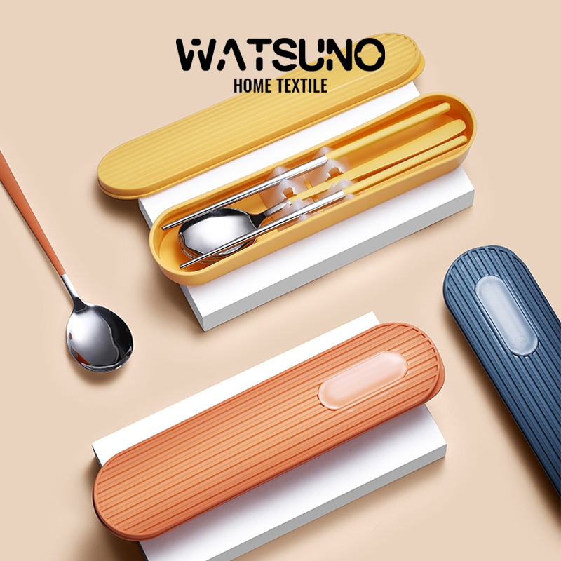 Watsuno.ชุดช้อนส้อมและตะเกียบ ช้อนส้อม สแตนเลส พร้อมกล่องเก็บของ พร้อมกล่องเก็บช้อนส้อม สะดวก ช้อนส้อมนักเรียน