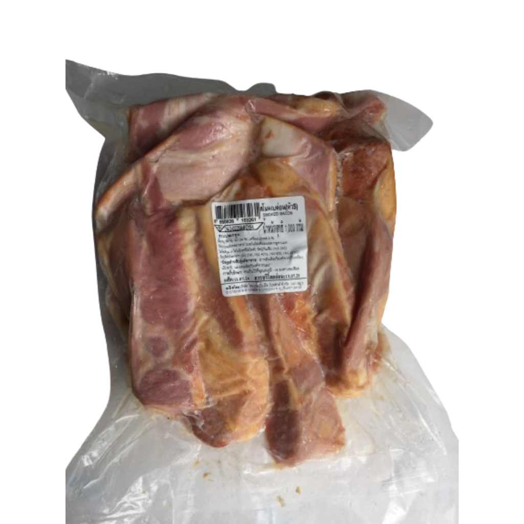 เศษเบคอนหัวท้ายเบคอนรมควันขนาด1กก ผลิตโรงงานไทยเยอรมัน ไทยชอสเซส