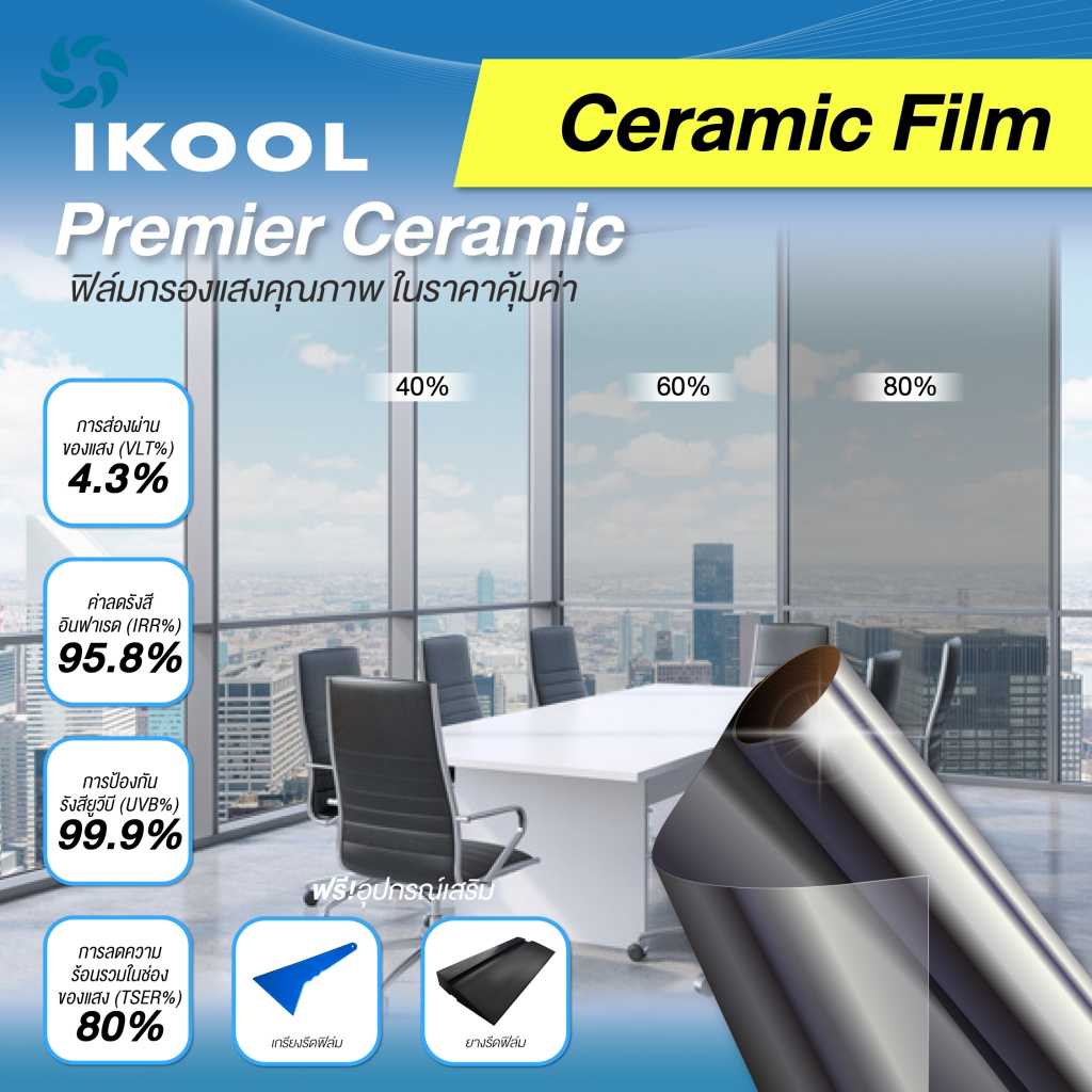 [เลือกขนาด ความเข้มได้] IKOOL ฟิล์มเซรามิค รุ่น Premier Ceramic ฟิล์มติดบ้าน กรองแสง ฟิล์มติดกระจก