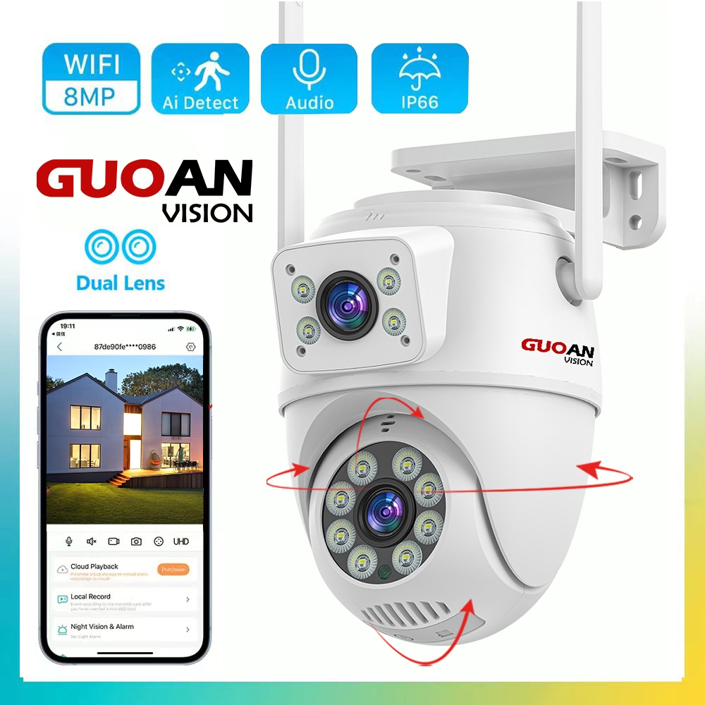 GUOANVISION 8MP 4K WiFi IC see กล้องวงจรปิดไร้สายกลางแจ้งความปลอดภัยกันน้ำป้องกันหน้าจอเลนส์คู่สี Night Vision