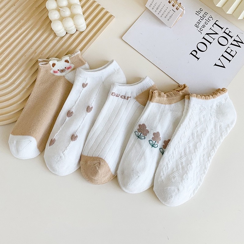 พร้อมส่ง ถุงเท้าข้อสั้น ลายแรคคูน สีเนื้อ สุดคิ้ว สไตล์เกาหลี (1 เซต มี 5 คู่)