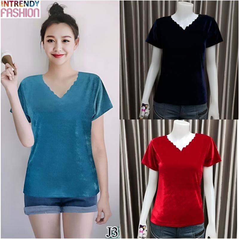 ( พร้อมส่ง ) เสื้อกํามะหยี่ รุ่นคอวีหยัก แขนสั้น มีไซส์ครบ M , L , XL เป็นผ้ากํามะหยี่เนื้อดี