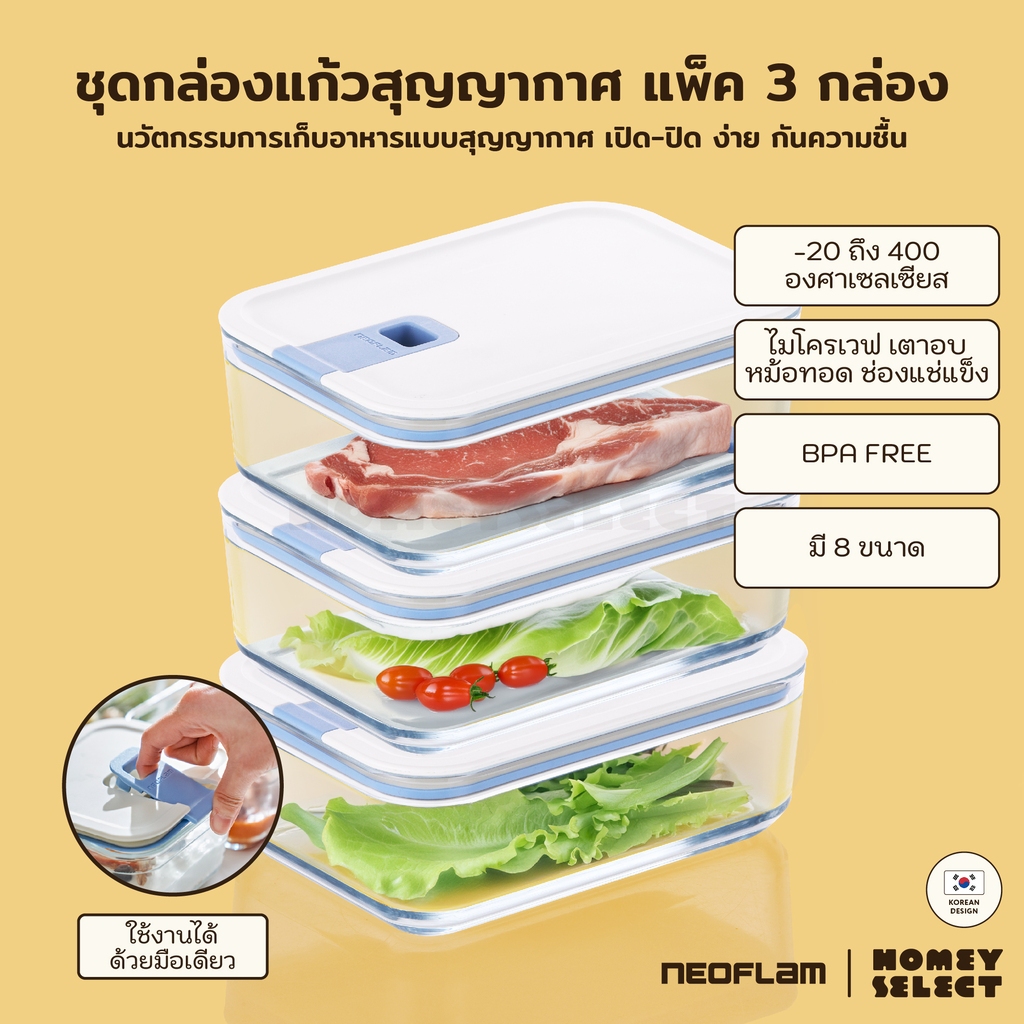 [แพ็ค3กล่อง] Neoflam Perfect Seal กล่องแก้วสุญญากาศ โมดูล่า VACUUM BOROSILICATE GLASS เข้าไมโครเวฟ เตาอบได้ ทนร้อนสูง