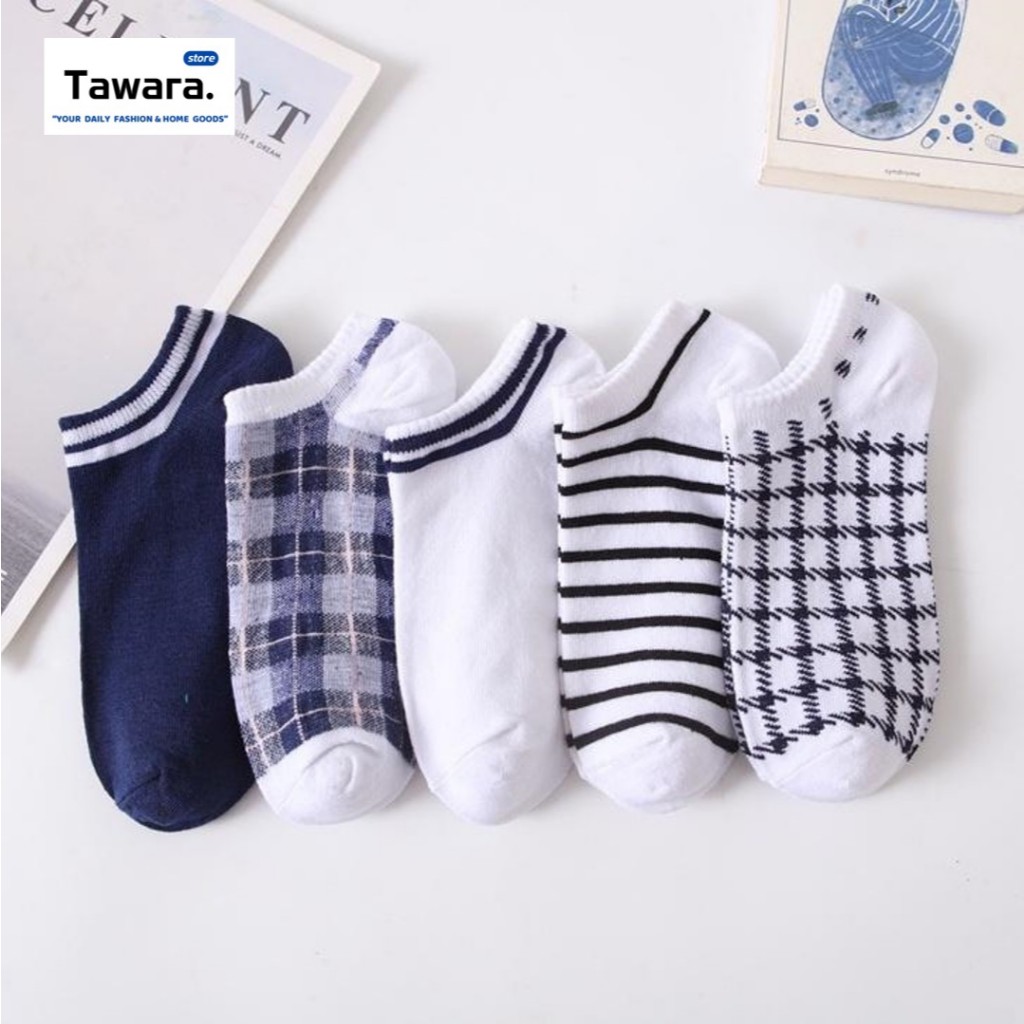 SK-109 (ซื้อขั้นต่ำ 2 คู่) ถุงเท้า ข้อสั้น แฟชั่น สีขาว น้ำเงิน สายสก๊อต ลายถัก แบบเรียบ เนื้อผ้านิ่ม ใส่สบายเท้า
