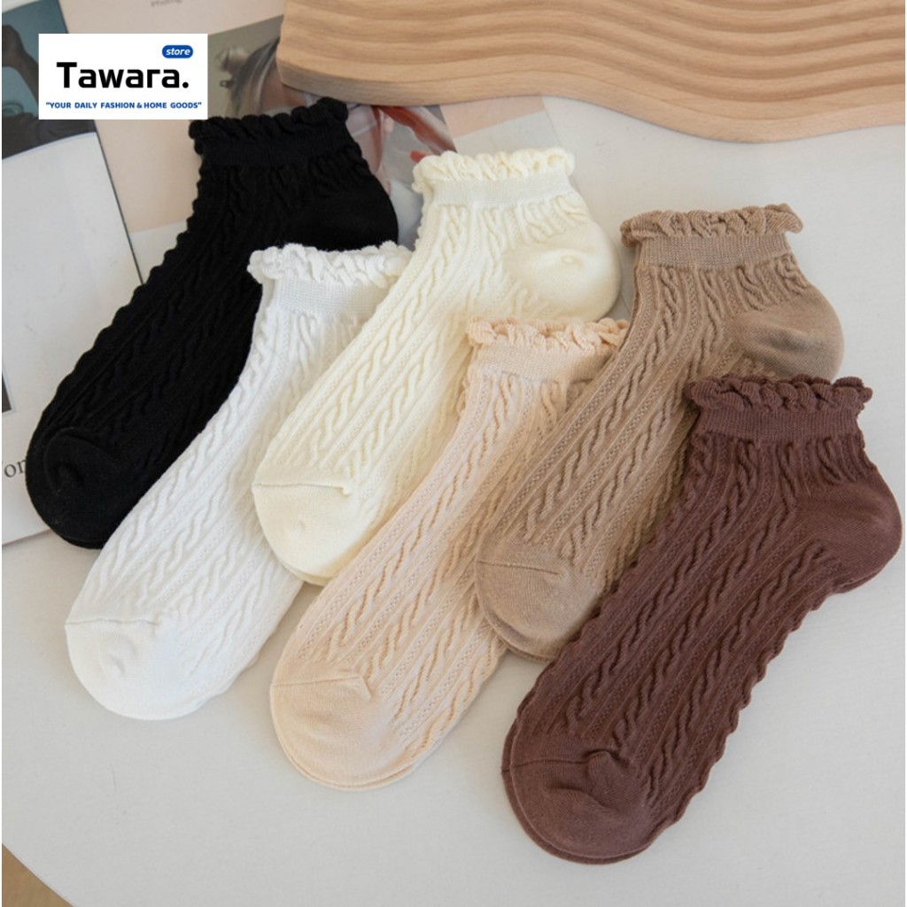 SK-196 ถุงเท้าข้อสั้น แฟชั่นเกาหลี ลายถัก ลุคคุณหนู สาวหวาน Earth tone น้ำตาล เนื้อผ้านิ่ม