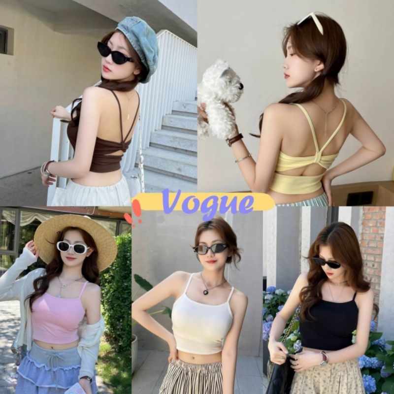Vogue พร้อมส่ง เสื้อสายเดี่ยว มีฟองน้ำ ดีเทลเว้า สีสดใส ทรงพอดีตัว (FY758)