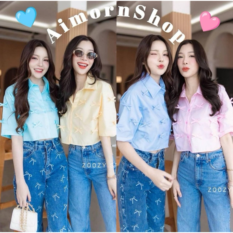 🔥aimorn_shop🔥เชิ้ตครอปแขนสั้น 🎀งานป้าย🎀แต่งโบว์แฟชั่นที่มาแรงมากๆ งานสวยมาก ผ้าcotton เย็บโบว์ติดเก๋สุดๆ