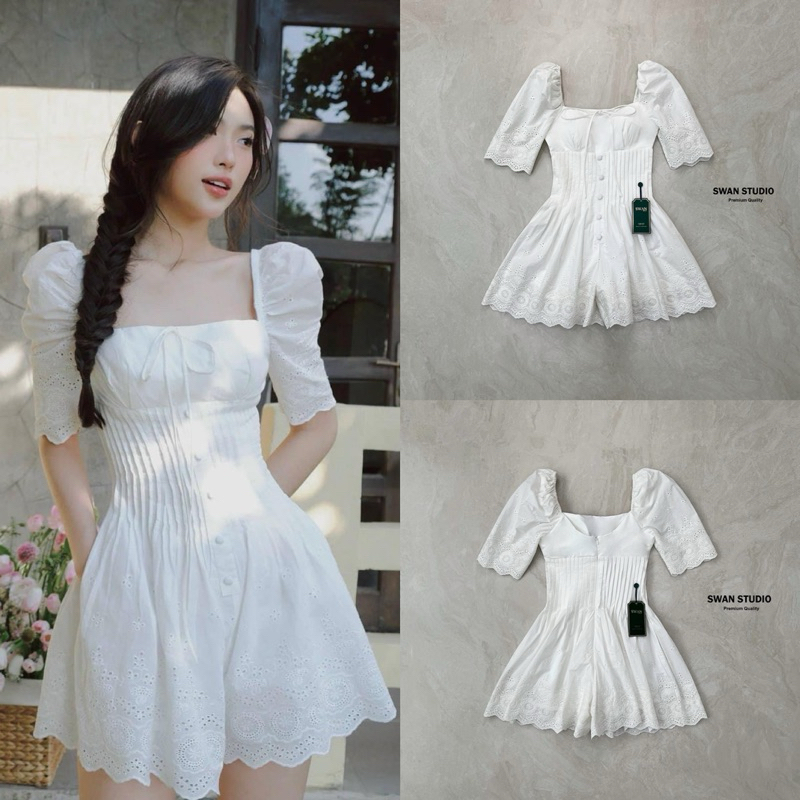 พร้อมส่ง•Swan•จั๊มสูทขาสั้นลูกไม้สีขาว แต่งด้วยผ้าฉลุลูกไม้ทั้งตัว