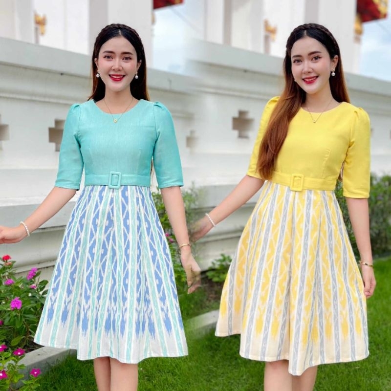PR100 เดรสผ้าฝ้ายทอลาย ยกแขน อัดกาวทั้งชุด คัตติ้งเนี๊ยบ มีไซส์S-2XL แบรนด์ preeya