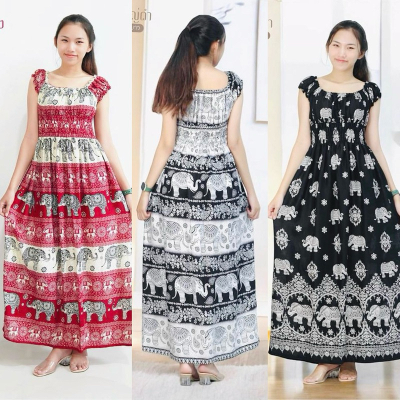 ชุดเดรสยาว ลายช้าง #ชุดตุ๊กตา งานไทยแท้ %