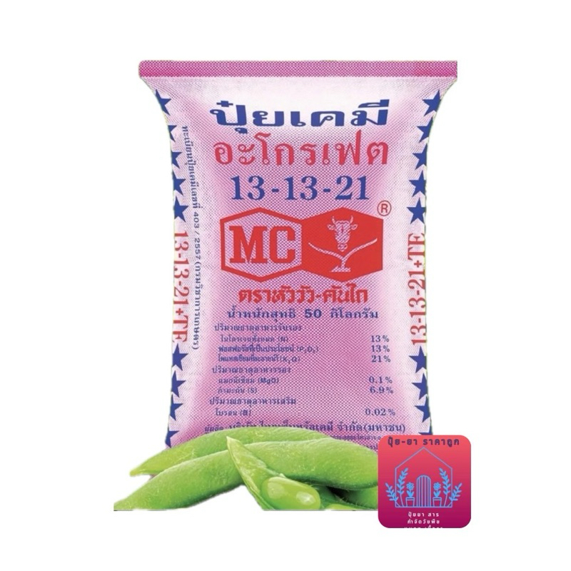 ปุ๋ย 13-13-21  ตราหัววัวคันไถ  เร่งลูก ลูกใหญ่ ลูกดก เพิ่มขนาด เพิ่มน้ำหนัก สีสวย รสชาติดี ขยายผล  (