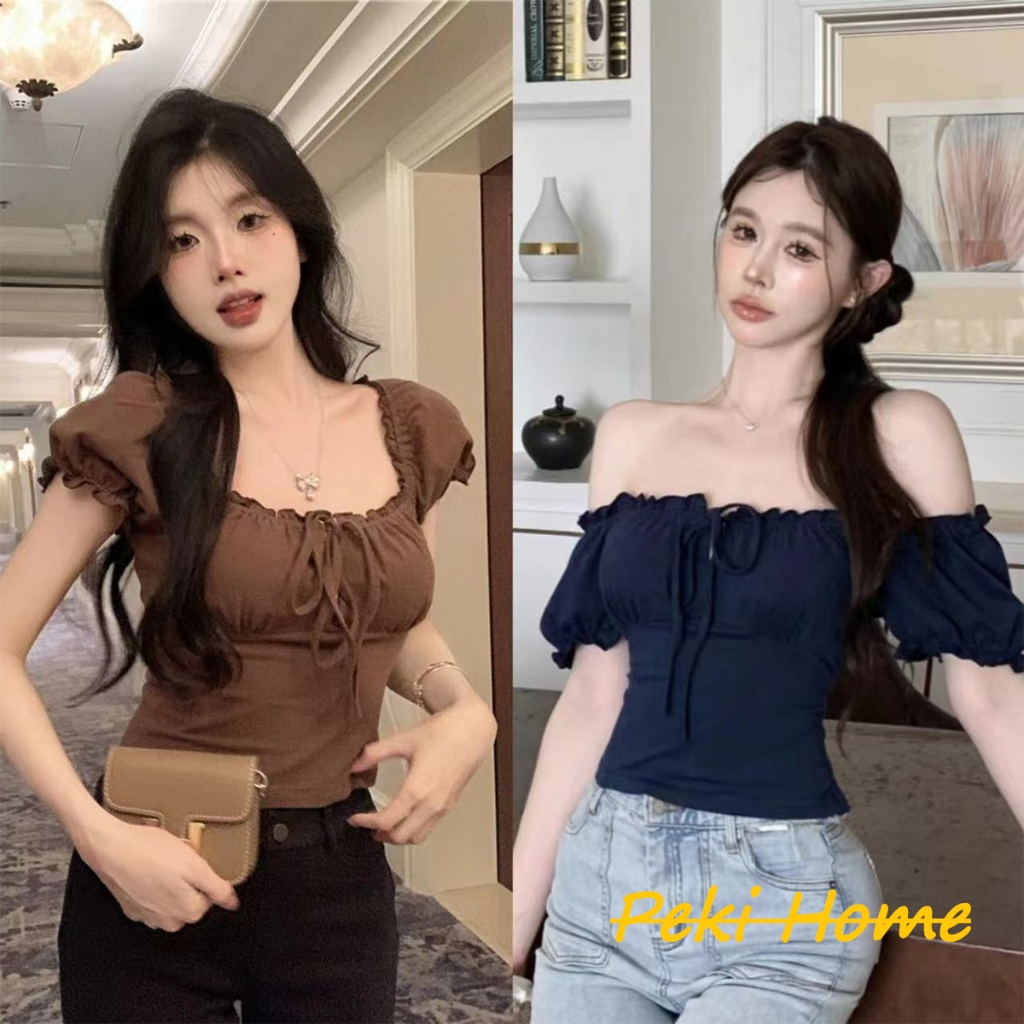 เสื้อยืดแขนสั้นคอเหลี่ยมสไตล์ฝรั่งเศส ลายไม้แกะสลัก สำหรับฤดูร้อน