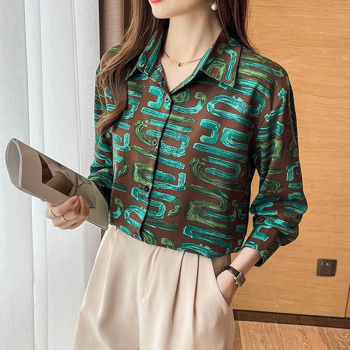W453 เสื้อเชิ้ตแฟชั่นสตรี สไตล์ยุโรปและอเมริกา พิมพ์ลาย ดอกไม้ใหม่ ทรงหลวม คอปก แขนยาว พร้อมส่ง
