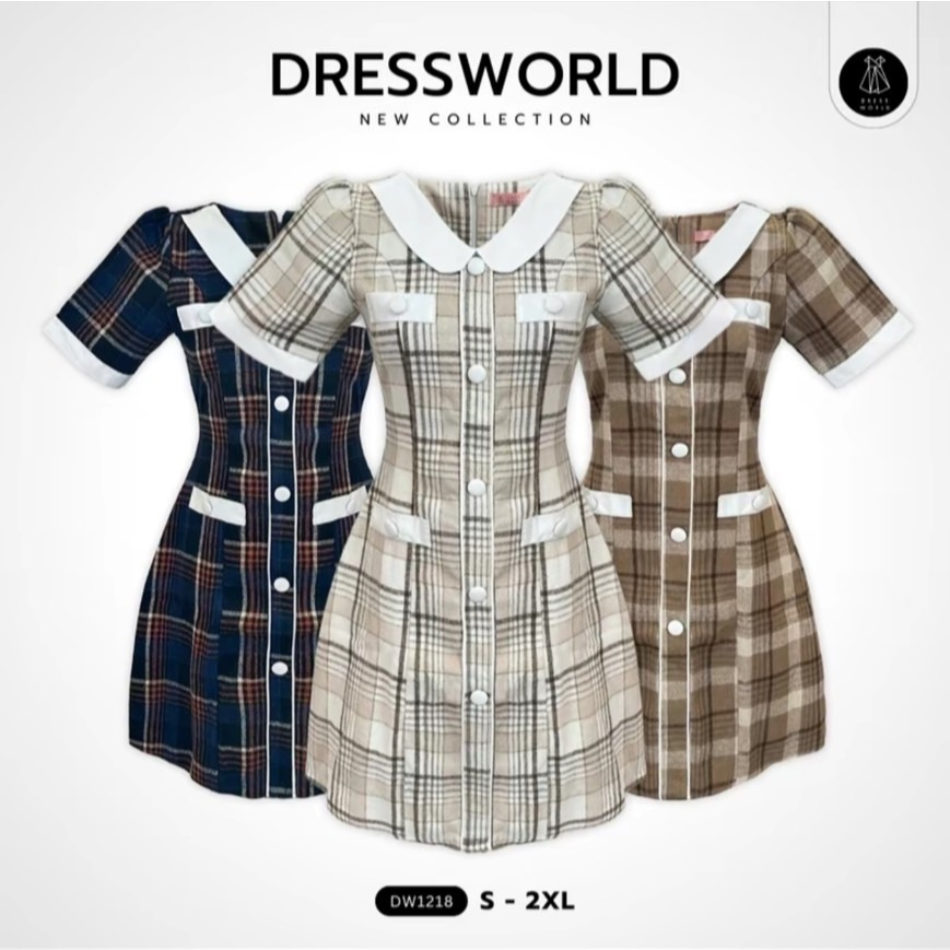 {S-2XL} 1218 งานป้าย Dress World เดรสสั้นลายสก๊อต คอบัว แต่งกระเป๋า ทรงบาน น้องน่ารัก พรางหุ่นได้ดี ต้องรีบเก็บน๊าา