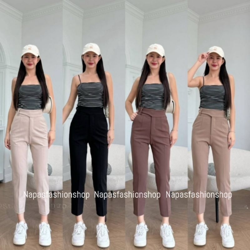New Arrivals ขากระบอกเล็ก 8ส่วน ผ้าโรเชฟเนื้อหนานุ่ม แต่งเข็มขัดหูธนูกระดุมปั้ม(S-3XL)