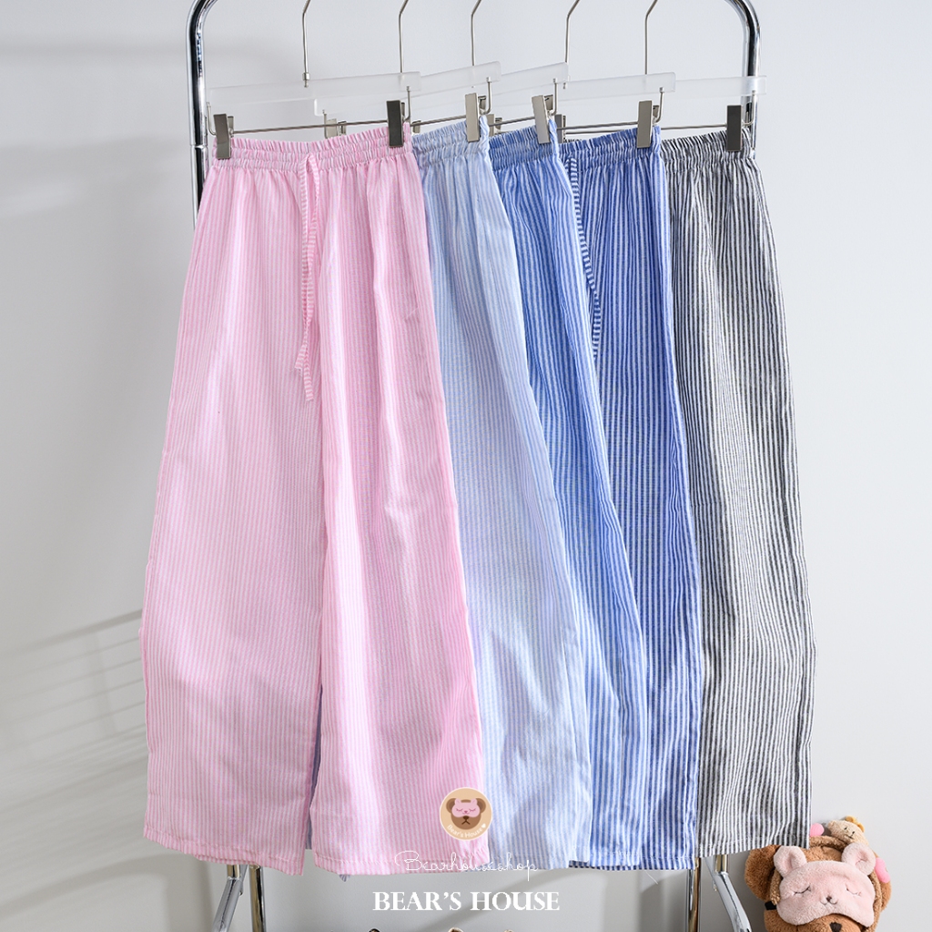 Sky pants กางเกงลายริ้วขายาว ผ้า​ Cotton เนื้อหนา​ ติดโบว์ผูก เอว​ยางยืดสม็อค