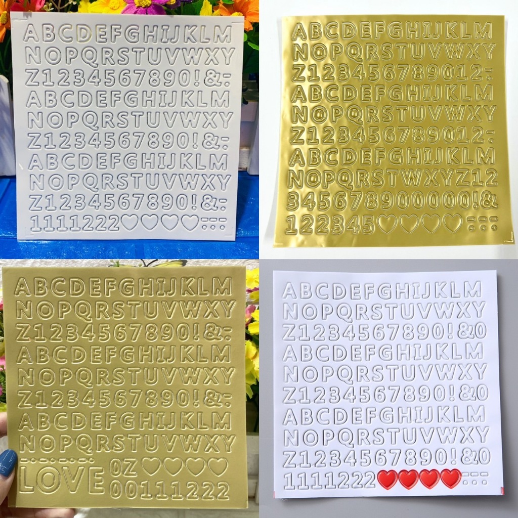 สติ๊กเกอร์ตัวอักษร ABC,ตัวเลข,หัวใจ สีทอง,ขาว ติดเล็บ สมุด งานเครื่องประดับต่างๆ diy แบบนูน 10mm