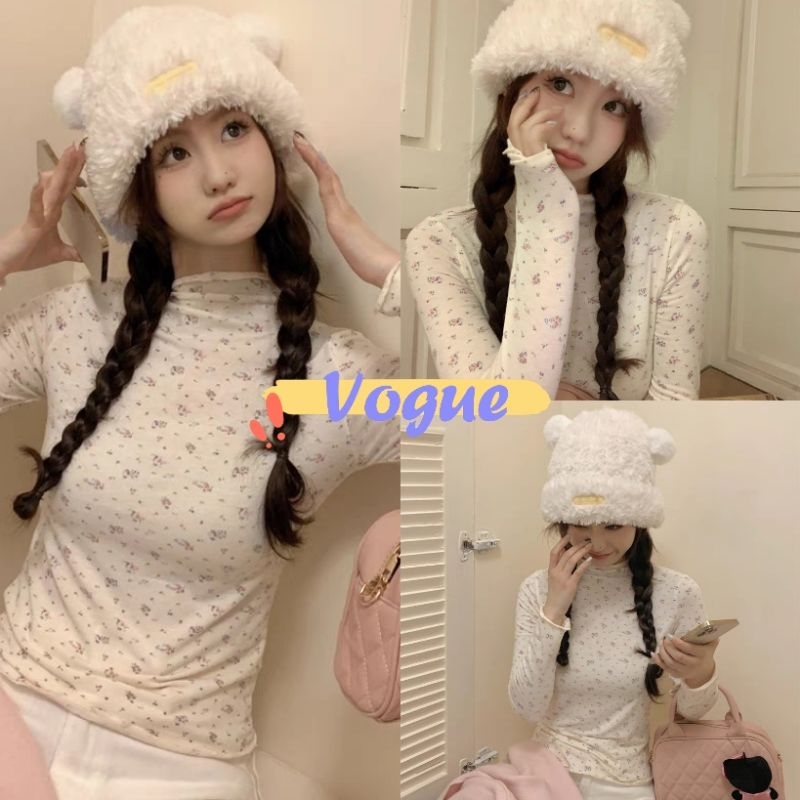 Vogue พร้อมส่ง เสื้อไหมพรมแขนยาว คอเต่า ดีเทลลวดลายดอกไม้พาสเทล (5A125)