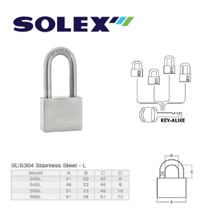 กุญแจSOLEX สแตนเลสแท้ทั้งตัว ระบบลูกปืนคีย์อะไลท์ (3และ4ตัวชุด)