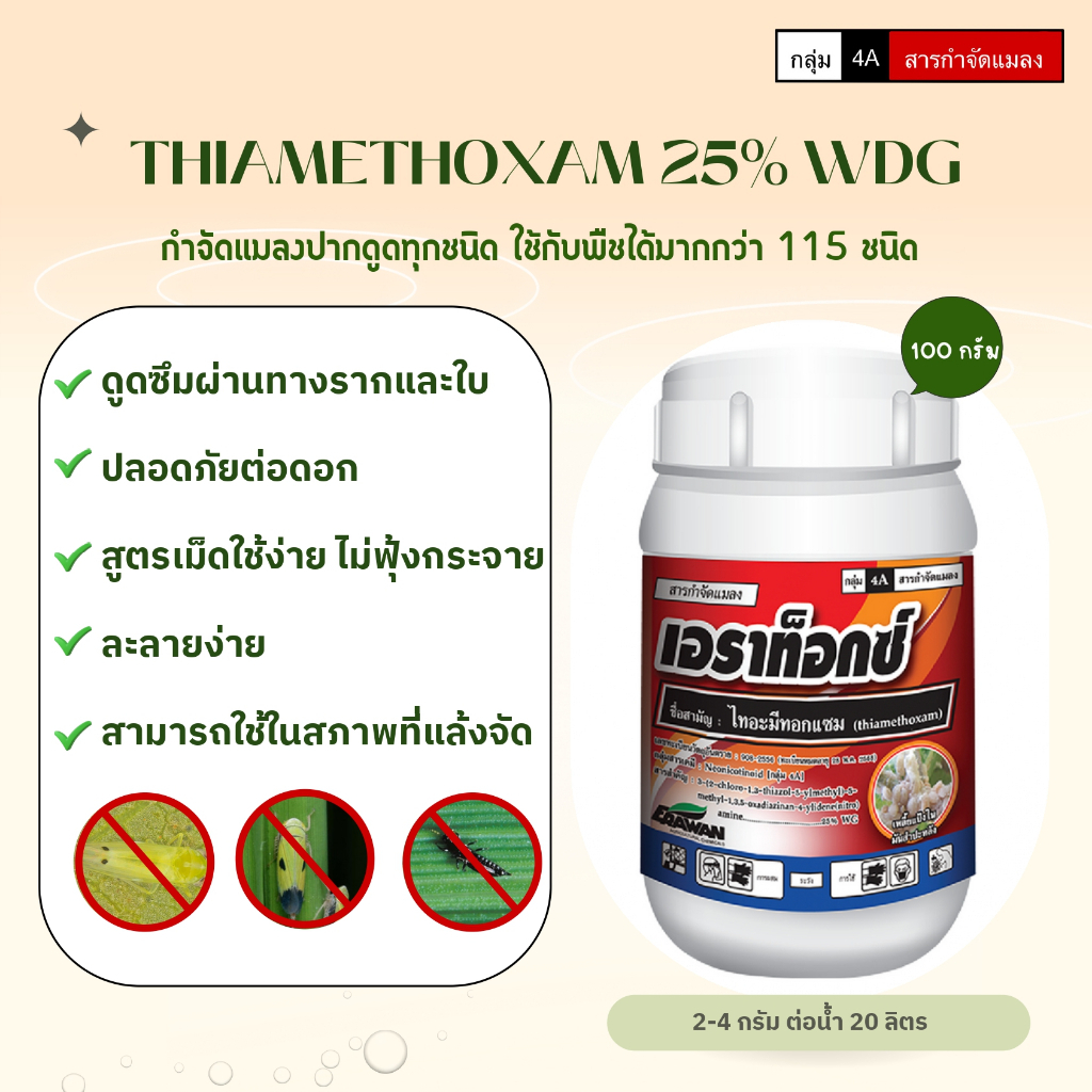 เอราท็อก ขนาด 100 กรัม ไทอะมีโทแซม 25% WG (Thiamethoxam 25% WDG) ใช้ป้องกันแมลงปากดูดได้ทุกชนิด กำจัดเพลี้ยไฟ ไรแดง