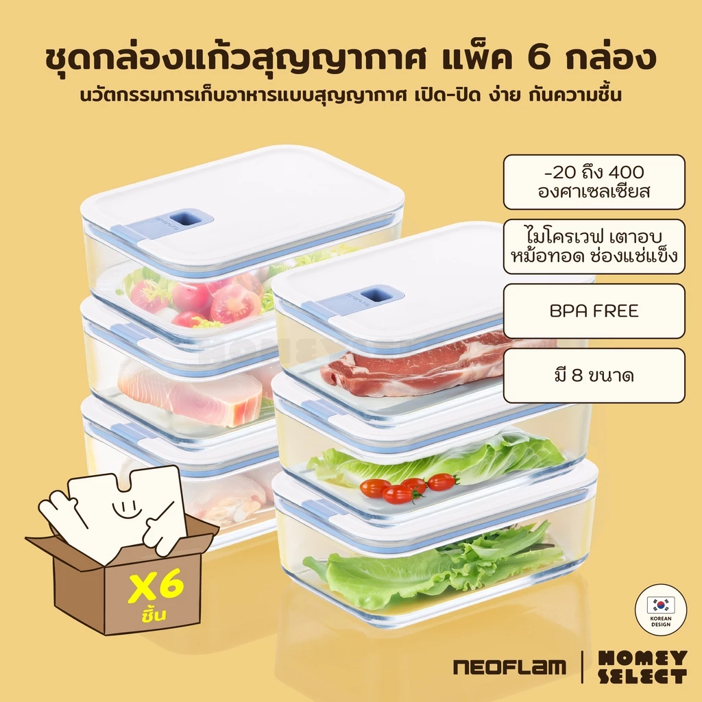[แพ็ค6กล่อง] Neoflam Perfect Seal กล่องแก้วสุญญากาศ โมดูล่า VACUUM BOROSILICATE GLASS เข้าไมโครเวฟ เตาอบได้ ทนร้อน