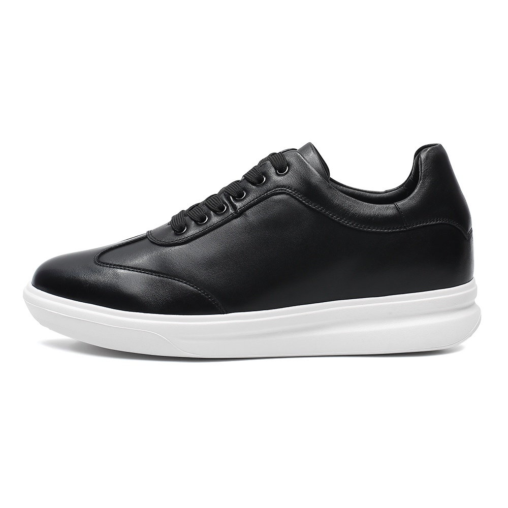 Jet-Black Prime Sneakers รองเท้าผ้าใบหนังแท้สีดำเพิ่มความสูง 7.5 ซม. | รองเท้าเสริมส้น Chuniverse