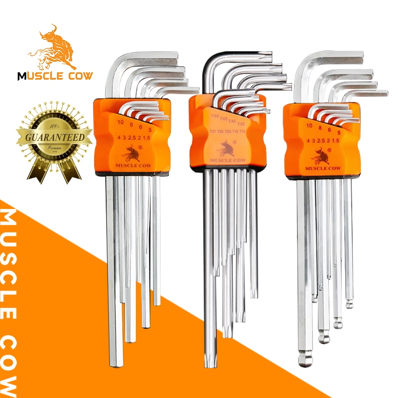 MUSCLE COW กุญแจหกเหลี่ยม 9 ชิ้น เหล็กเกรด CR-V แท้ 100% หัวบอล หัวตรง หัวดาว(มีรู) ชุดตัวแอล ประแจแอล ประแจ หกเหลี่ยม