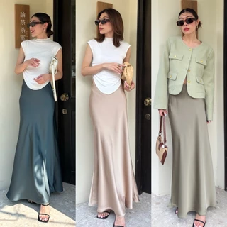 🔖StudioX2 #9917 SATIN MAXI SKIRT กระโปรงผ้าซาตินเอวขอบเรียบ เย็บยางยืดซ่อนด้านใน มีซิปข้างตัว ชายบานเบา ผ้าทิ้งตัว