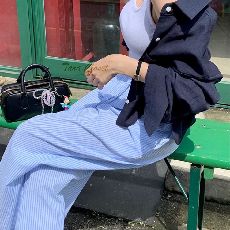 BA055 TARA Pants กางเกงขายาว เอวยางยืด ลายริ้ว ทรงขากระบอก เนื้อผ้าฝ้าย ผ้าเบา ใส่สบาย ไม่ขาดง่าย ใส่แล้วขาไม่เต่อ​
