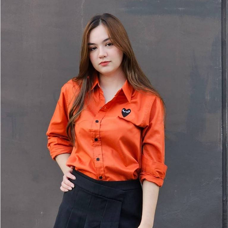 takayay brand เสื้อเชิ้ต สีชาเย็นพื้นใจดำ 36-54 นิ้ว เสื้อเชิ้ตสีส้ม ผ้าคอตตอนทวิล