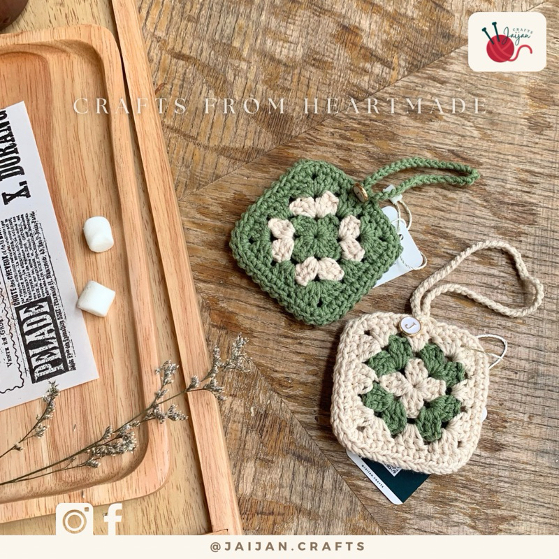 (JC29) กระเป๋าถักเชือกฟอก JAIJAN Crafts ลายใบ Clover ใส่หูฟังแอร์พอด (airpod) ของจุกจิก กระเป๋าแฮนด์เมด Handmade
