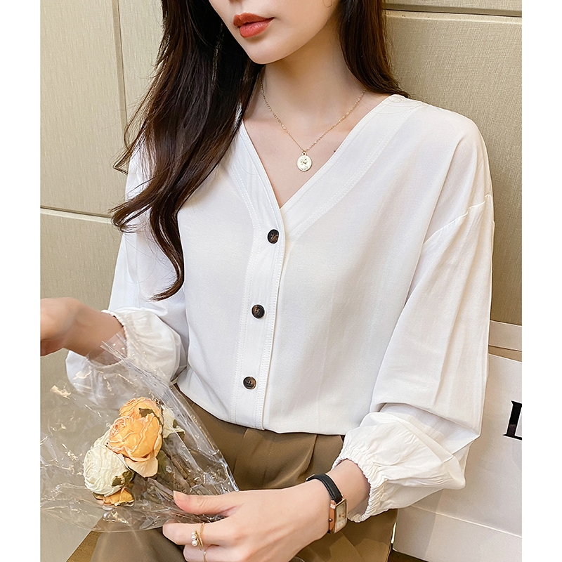 STYLE เสื้อเชิ้ตแขนยาว คอวีแขนจั้ม สีพึ้น แมชต์ง่าย กระดุมลายไม้ แฟชั่นเกาหลี แนวออฟฟิศ “w394”
