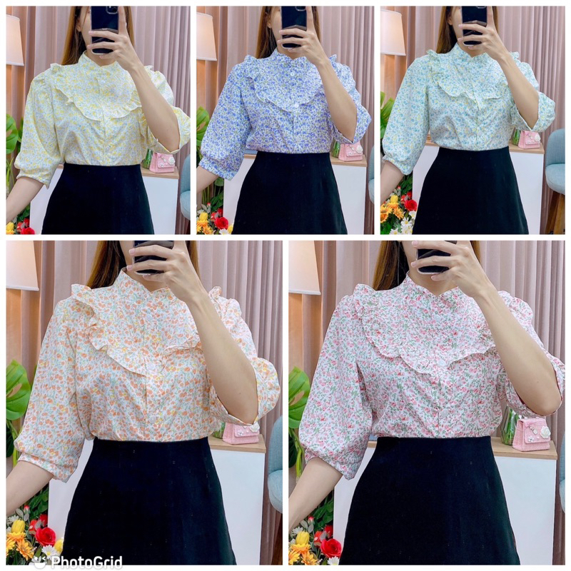 เสื้อสีหวานๆคอจีนลาย ระบายอกดอกหวาน แขนสามส่วน สวยน่ารัก อก40ยาว23