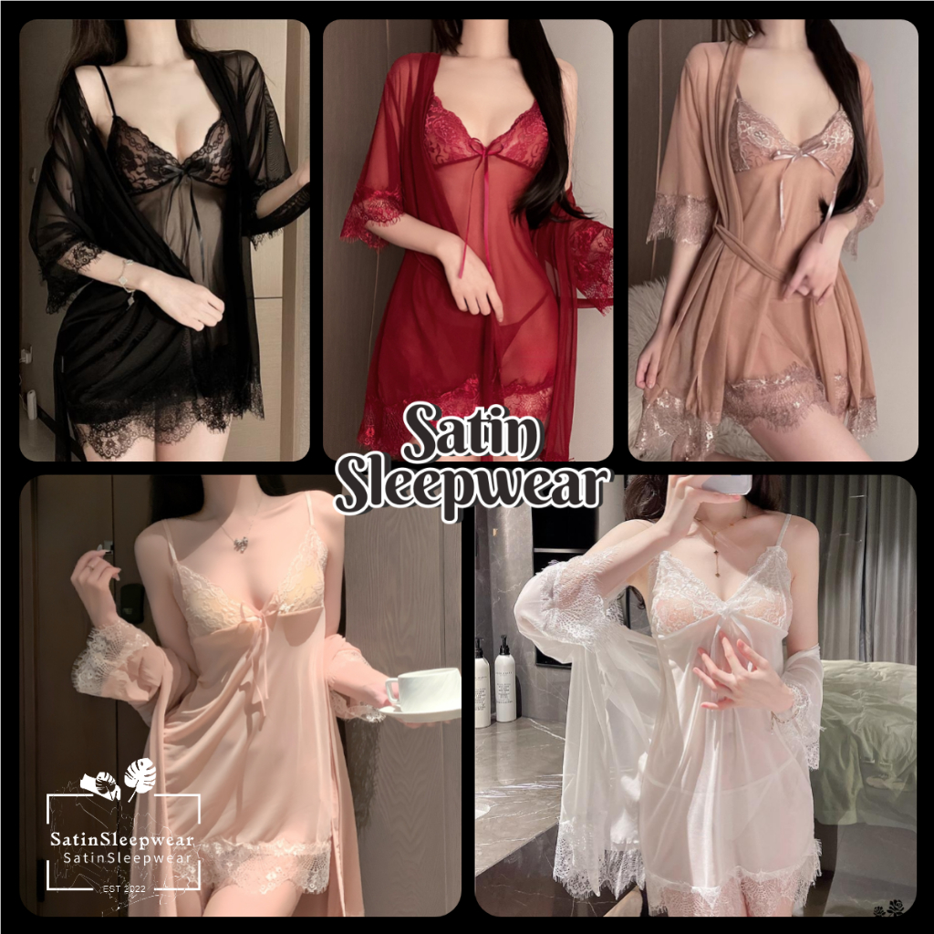 SatinSleepwear💮💮ชุดนอนลูกไม้ชุดสองชิ้น วัสดุผ้าตาข่ายลูกไม้ มีสีต่างๆให้เลือก💖💖 บางและเบา จัดส่งจากประเทศไทย.
