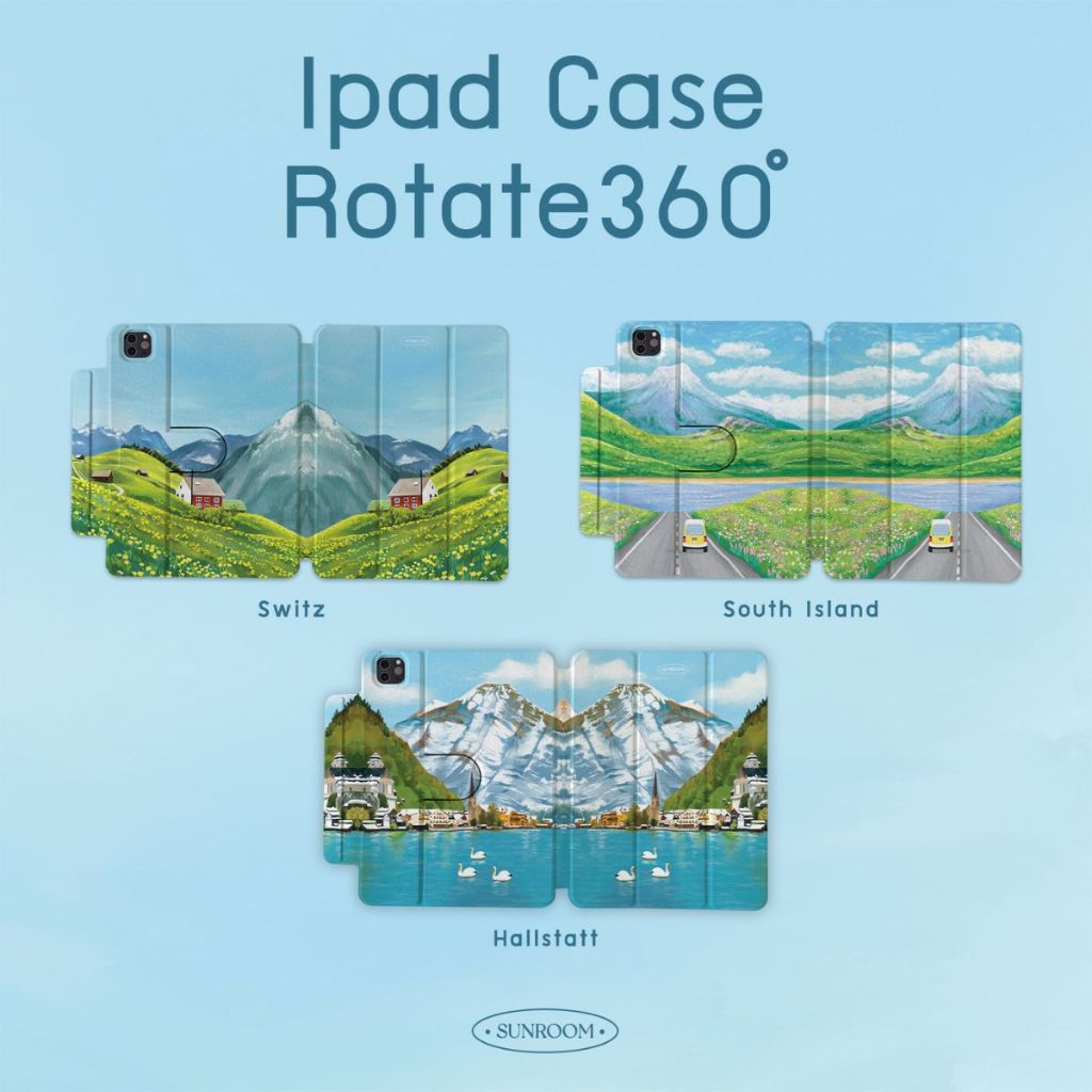 เคสไอแพดหมุนได้ 360° มีฝาพับ พิมพ์ลาย Switz / Hallstatt / South Island iPad case