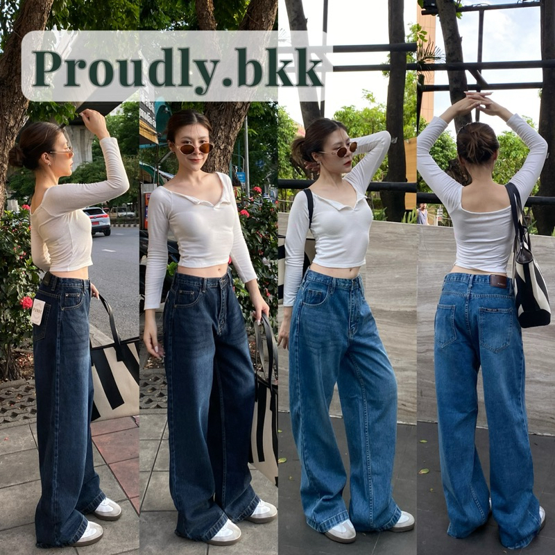Proudly.bkk luckyBaggy ยีนส์ขากระบอกใหญ่ เอวสูงทรงสวย สีกรมฟอก มีเอว26-40 ผู้หญิง-ผู้ชายใส่ได้