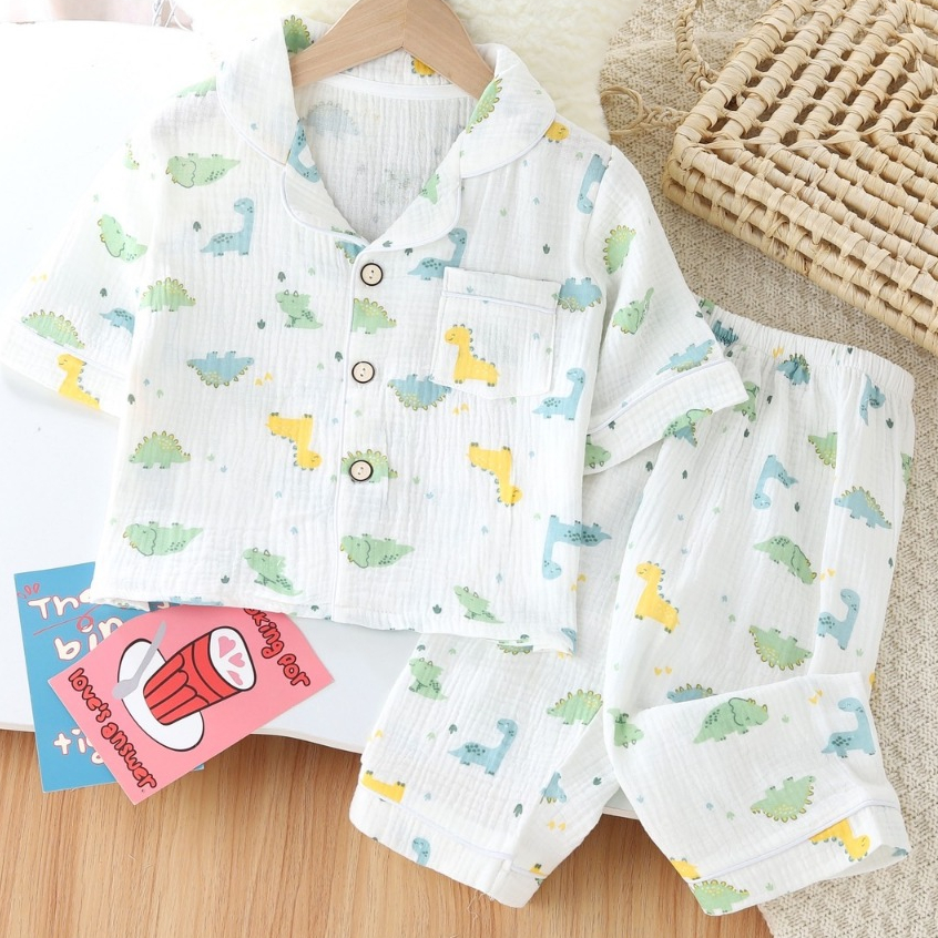 ชุดนอนเด็กหญิง เด็กชายสไตล์เกาหลี  ผ้ามัสลินนิ่มเด้ง ระบายอากาศใส่สบาย ลายการ์ตูน ไซส์130-160