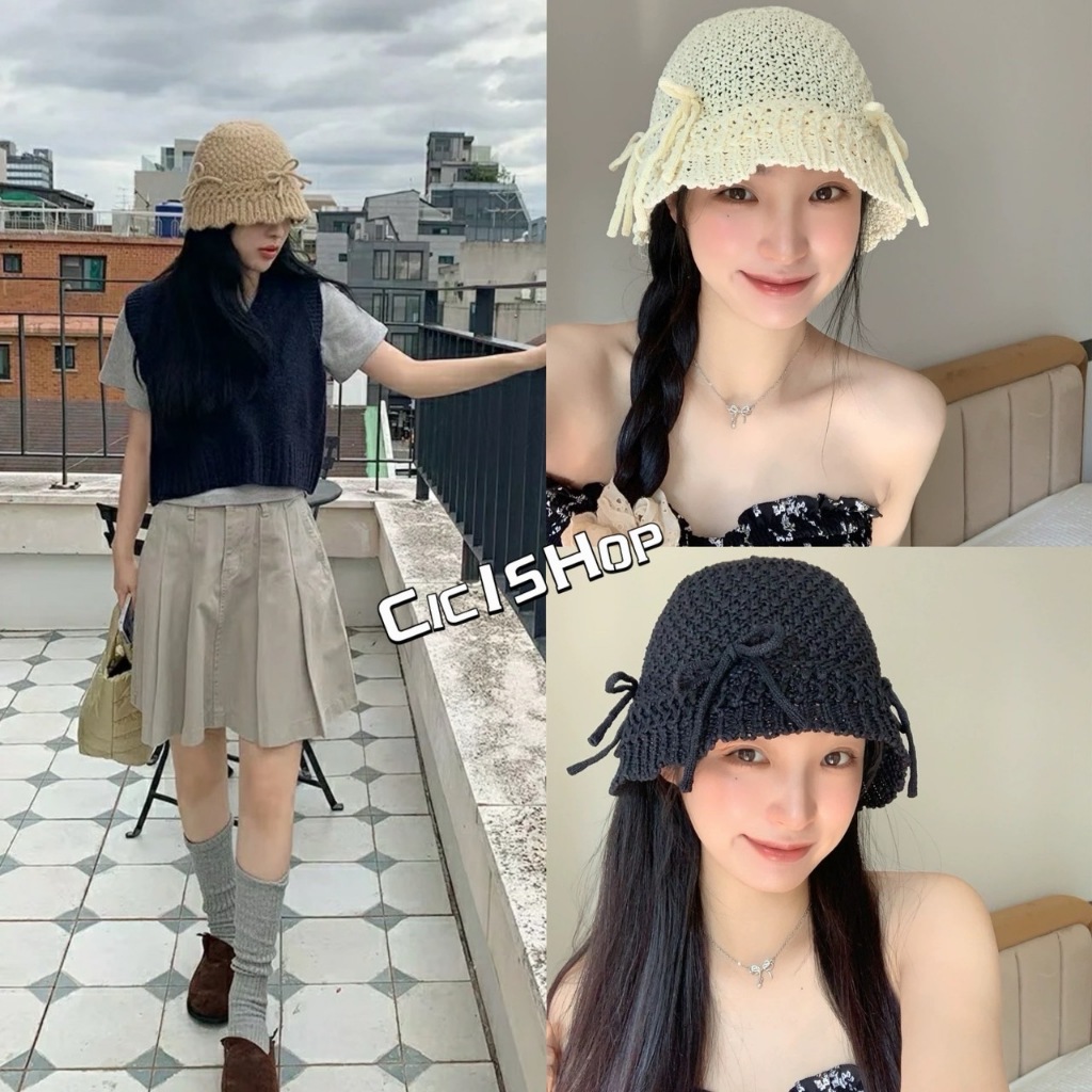cicishop (A622) หมวกสานทรงบักเก็ต แต่งเชือกโบว์ DIY สไตล์เกาหลี
