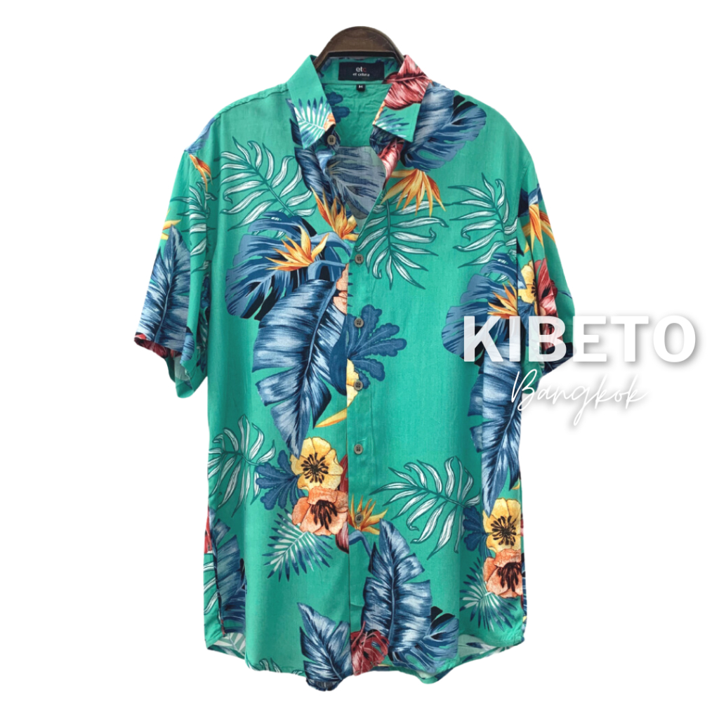 Kibeto เสื้อฮาวาย ลายดอกยิปโซ สีเขียว ผ้าสปันเรยอน เนื้อนิ่ม ใส่สบาย M L XL 2XL 3XL